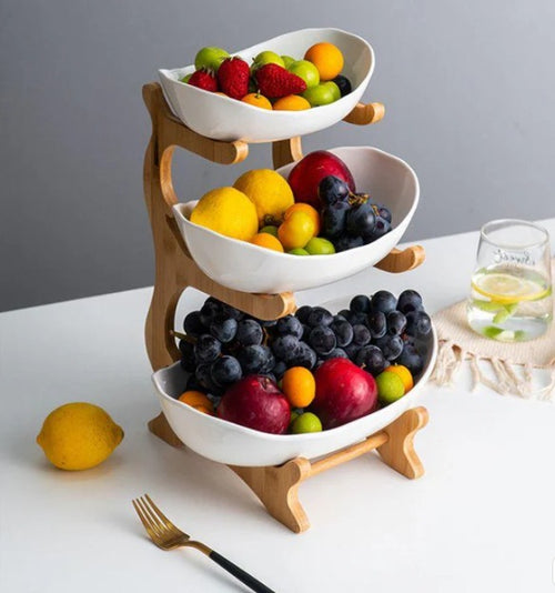3-stöckige Obstschale aus Keramik mit Bambusgestell