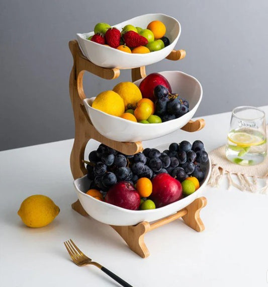 3-stöckige Obstschale aus Keramik mit Bambusgestell
