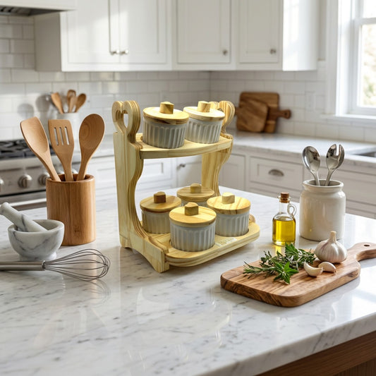 Gewürzbehälter-Set aus Keramik mit Holzständer – 6-teilig